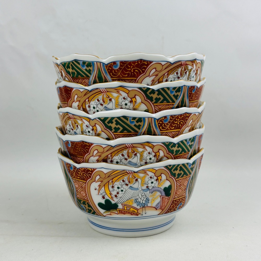 Andrea by Sadek Stork & Blossom Scalloped Bowl Set of 5 Imari Japanese Porcelain